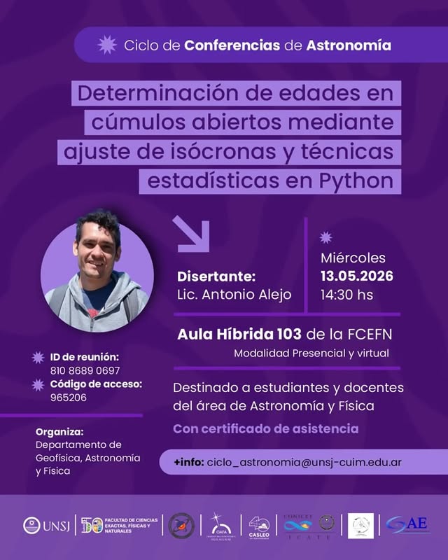 Conferencias en San Juan: Determinacion de Edades en Cumulos Abiertos Mediante Ajuste de Isocronas & Tecnicas Estadisticas en Python